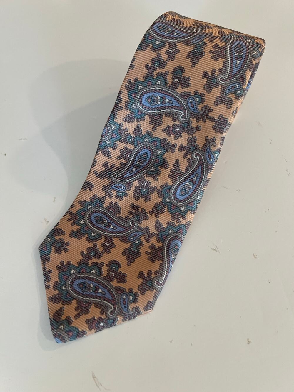 Courchevel 100% Imported Silk Men's Neck Tie Peach & Blue Paisley JL